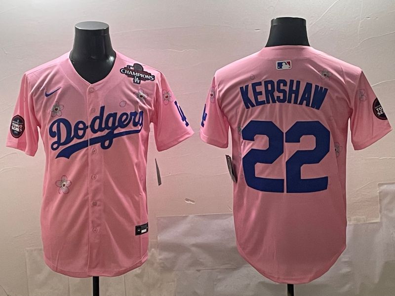Men Los Angeles Dodgers 22 Kershaw Pink Sakura Edition 2025 Nike MLB Jersey style 6